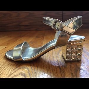 Dune London block heel silver and jeweled sandal